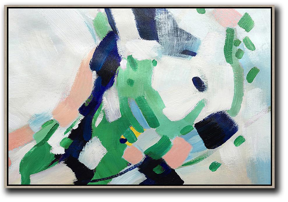 Large Modern Abstract Painting,Oversized Horizontal Contemporary Art,Wall Art Ideas For Living Room,White,Pink,Dark Blue,Green.etc